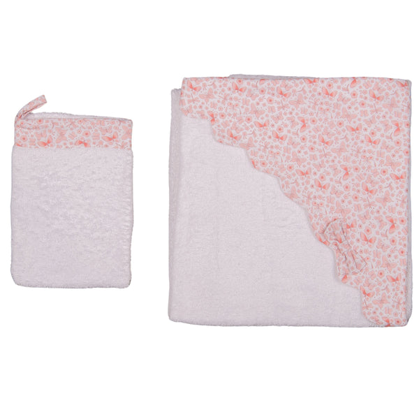 BUTTERFLY | Girls White & Pink Hooded Baby Towel & Mitt Set