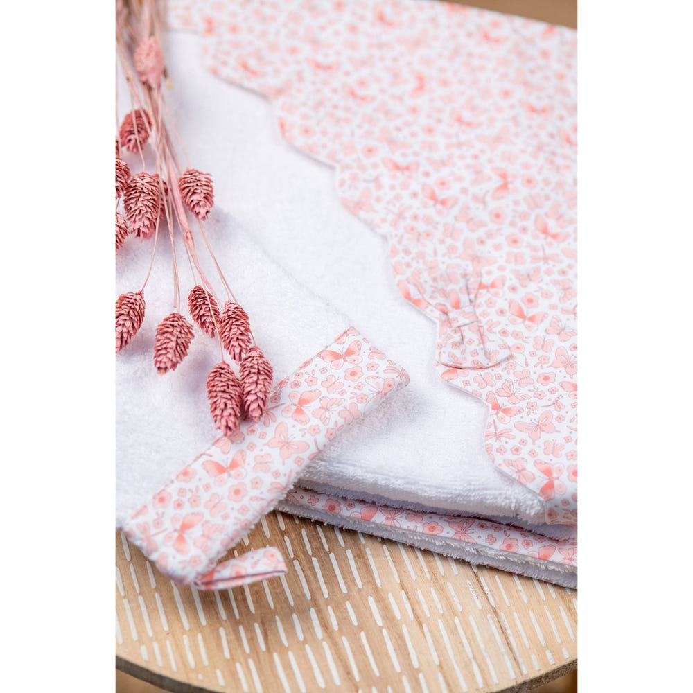 Girls white and pink butterfly hooded baby towel and mitt set for cozy bath time.