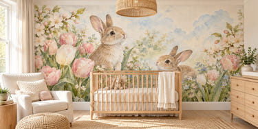 Watercolor Spring Tulips Bunny Wall Mural, image 1