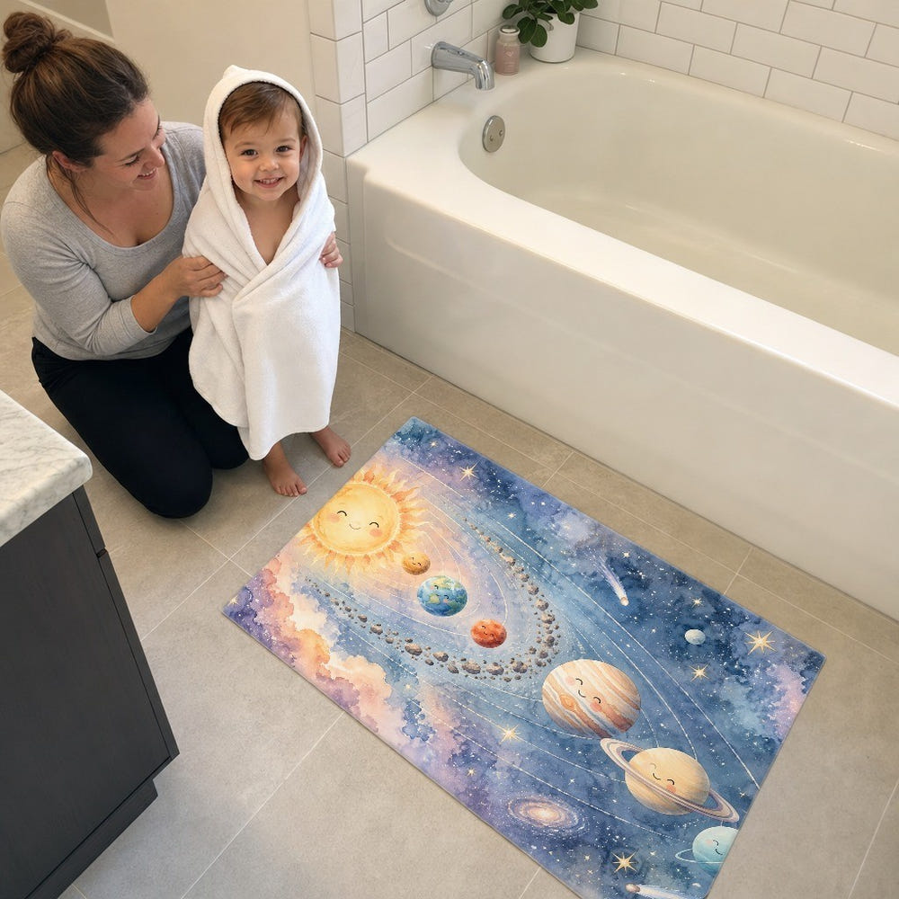 Pastel Planets kids bath mat, full view of the printed design