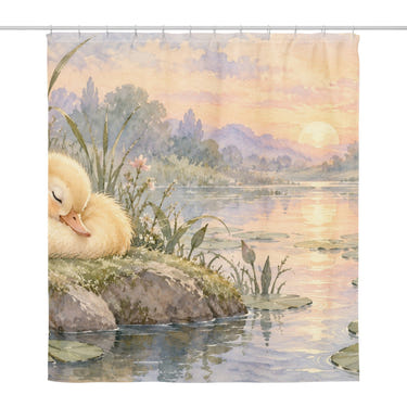 Pond Duckling shower curtain, full front view of the 71 x 74 in fabric curtain