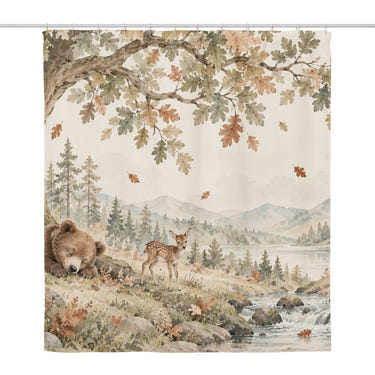 Sleeping Bear Oak shower curtain, full front view of the 71 x 74 in fabric curtain