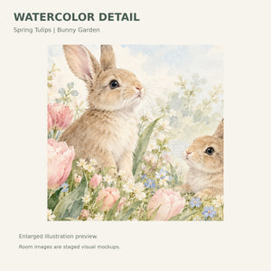 Watercolor Spring Tulips Bunny Wall Mural, image 4
