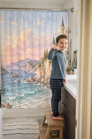 Child brushing teeth in a family bathroom with the Seaside Castle Fairy Tale shower curtain