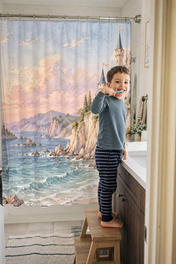 Child brushing teeth in a family bathroom with the Seaside Castle Fairy Tale shower curtain