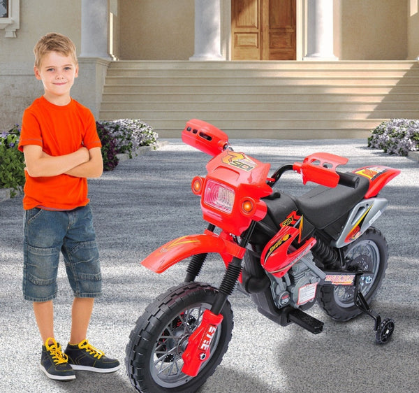 Kids' 6V Electric Ride-On Motorcycle with Training Wheels – Red