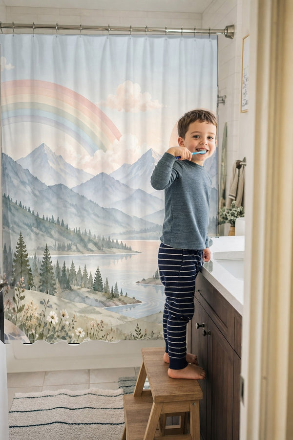 Child brushing teeth in a family bathroom with the Alpine Lake Rainbow shower curtain