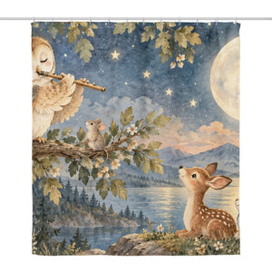 Owl Flute shower curtain, full front view of the 71 x 74 in fabric curtain