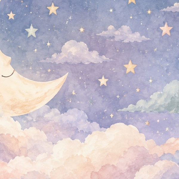 Sleepy Moon kids rug, close up of the watercolor artwork