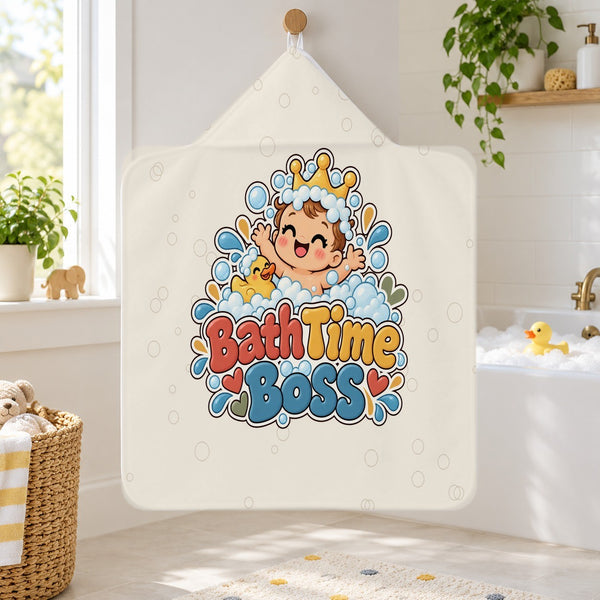Bath Time Boss kids hooded bath towel hanging in a kids bathroom