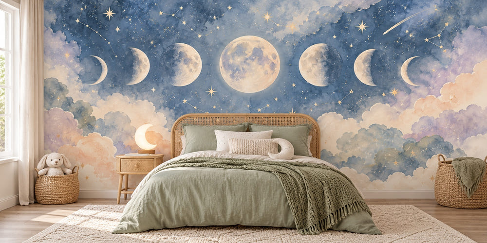 Watercolor Moon Phases Wall Mural, image 1