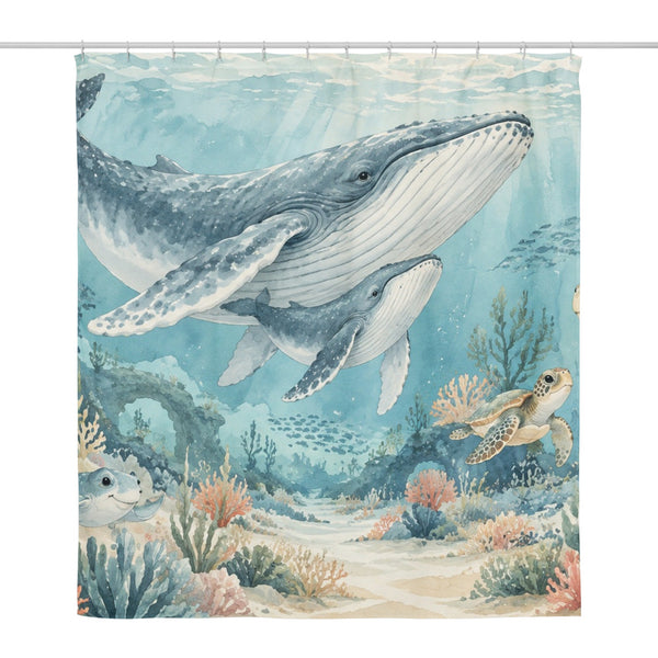 Ocean Kingdom shower curtain, full front view of the 71 x 74 in fabric curtain
