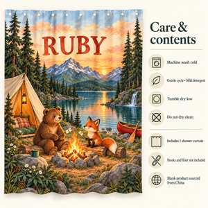 Care and contents of the Camping Adventure personalized kids shower curtain