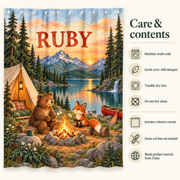 Care and contents of the Camping Adventure personalized kids shower curtain