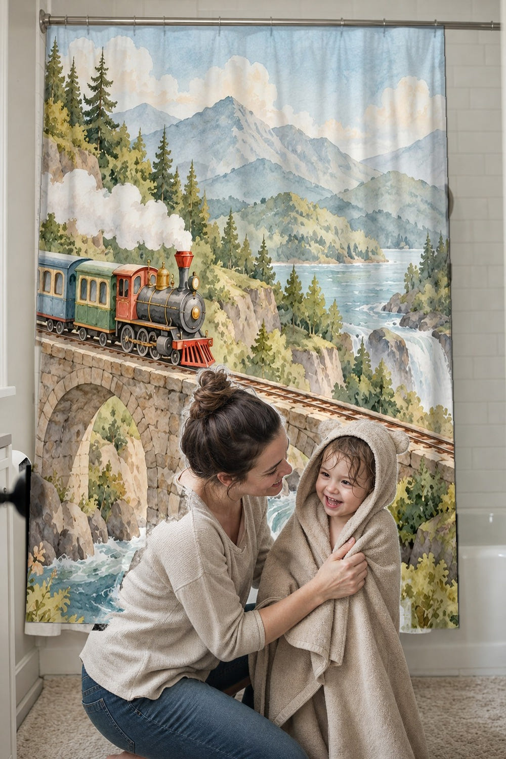 Tunnel Waterfall Train shower curtain, full front view of the 71 x 74 in fabric curtain