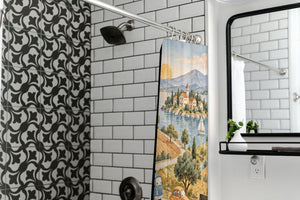 Vehicle Parade shower curtain in a modern farmhouse bathroom with subway tile
