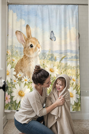 Mom drying her toddler in a hooded towel in front of the Daisy Meadow Bunny shower curtain