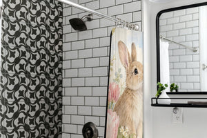 Spring Tulips Bunny shower curtain in a modern farmhouse bathroom with subway tile