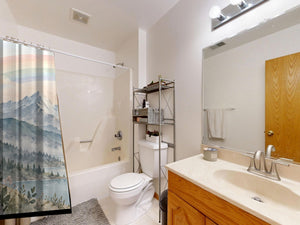 Sunrise Lake Rainbow shower curtain on a tub shower combo in an American family bathroom