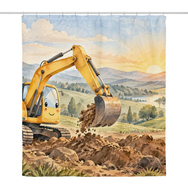 Sunrise Excavator shower curtain, full front view of the 71 x 74 in fabric curtain