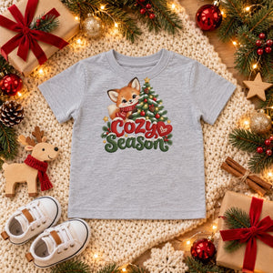 Cozy Season toddler t-shirt in heather grey, Christmas flat lay