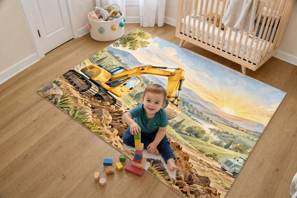 Sunrise Excavator kids rug, full view of the printed design