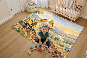 Toddler stacking blocks on the Sunrise Excavator kids rug in a bright bedroom