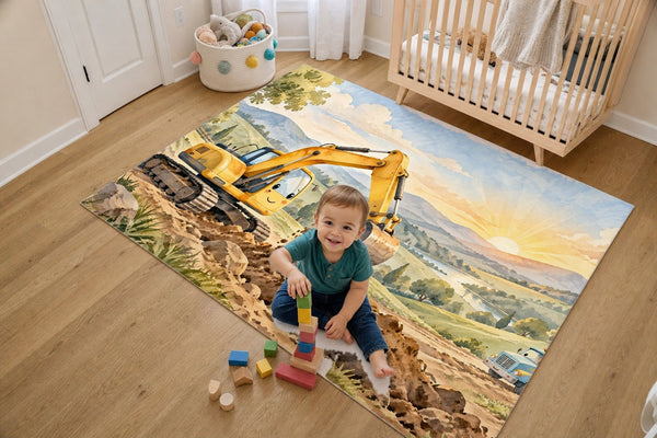 Toddler stacking blocks on the Sunrise Excavator kids rug in a bright bedroom