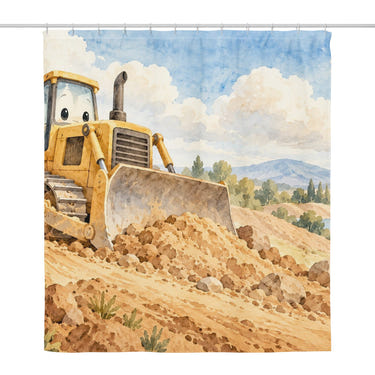 Bulldozer Hills shower curtain, full front view of the 71 x 74 in fabric curtain