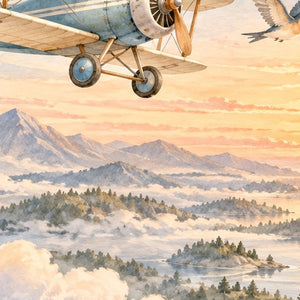 Birds and Biplane shower curtain, close up of the watercolor artwork