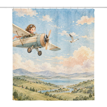 Vintage Airplane shower curtain, full front view of the 71 x 74 in fabric curtain