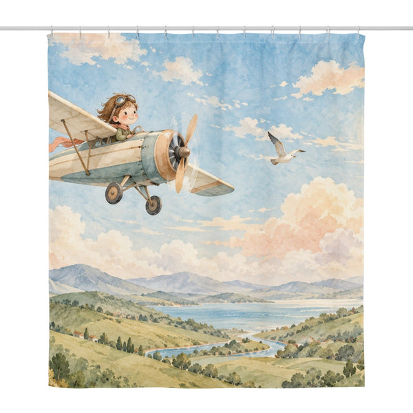 Vintage Airplane shower curtain, full front view of the 71 x 74 in fabric curtain