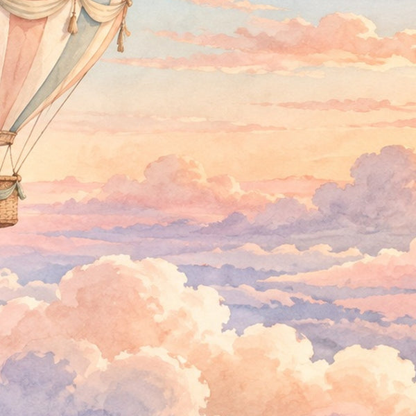 Sunrise Hot Air Balloon shower curtain, close up of the watercolor artwork