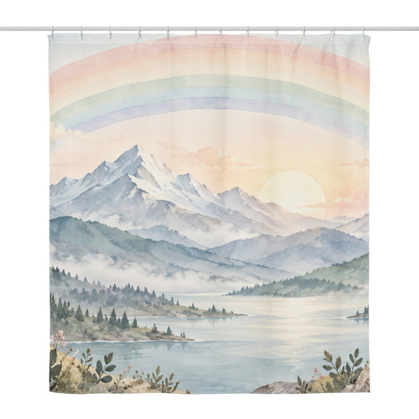 Sunrise Lake Rainbow shower curtain, full front view of the 71 x 74 in fabric curtain