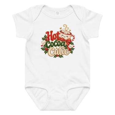 Hot Cocoa Cutie baby bodysuit in white, front view