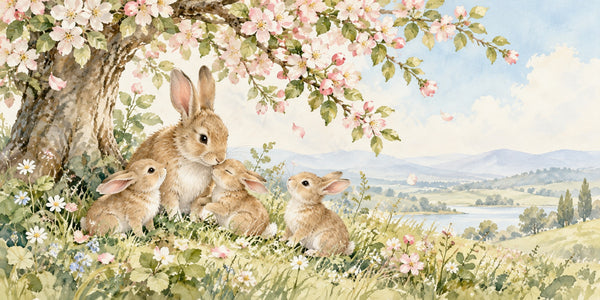 Watercolor Apple Blossom Family Bunny Wall Mural, image 3