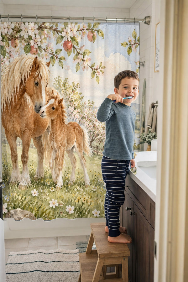Child brushing teeth in a family bathroom with the Pony Orchard Farm shower curtain