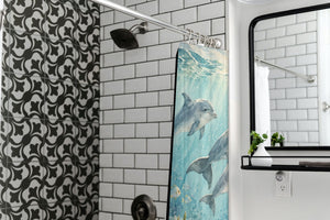 Dolphin Family Ocean shower curtain in a modern farmhouse bathroom with subway tile