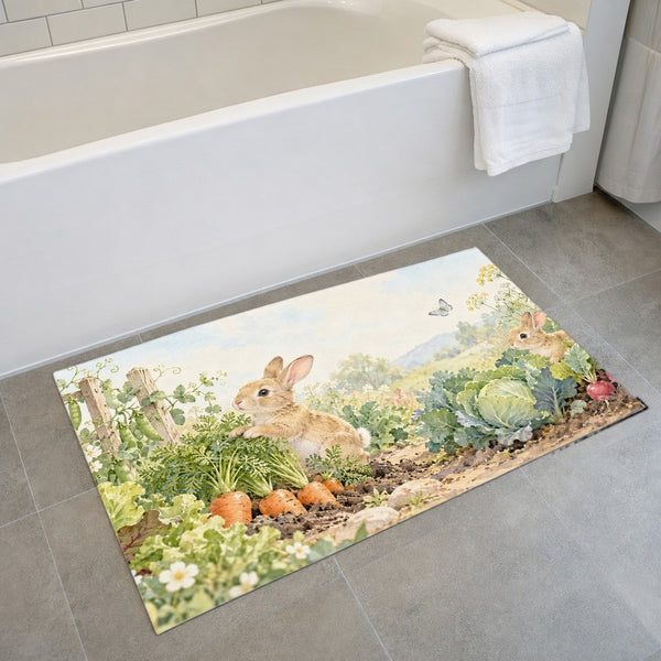Vegetable Garden Bunny bath mat on the floor in front of the tub