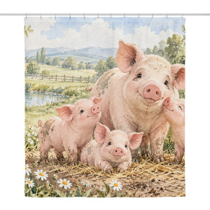Piglet Family Farm shower curtain, full front view of the 71 x 74 in fabric curtain
