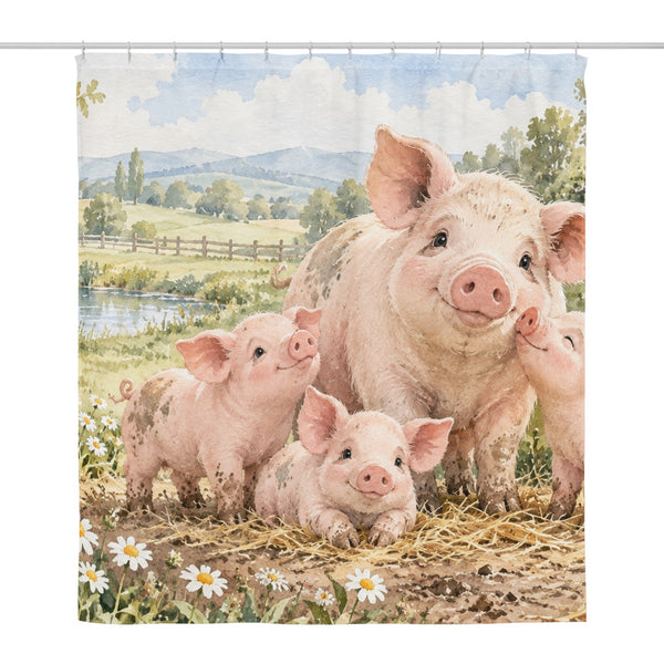 Piglet Family Farm shower curtain, full front view of the 71 x 74 in fabric curtain