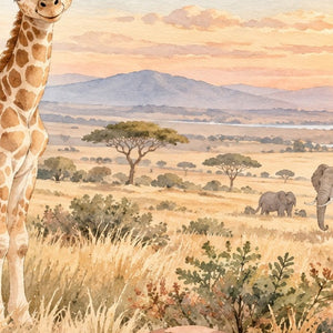 Baby Giraffe Safari shower curtain, close up of the watercolor artwork
