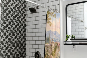 Castle Bridge Fairy Tale shower curtain in a modern farmhouse bathroom with subway tile