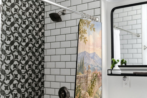 Castle Bridge Fairy Tale shower curtain in a modern farmhouse bathroom with subway tile