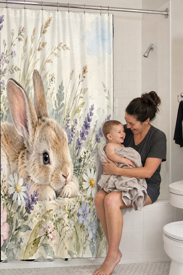 Mom holding her baby on the tub edge next to the Lavender Bunny shower curtain