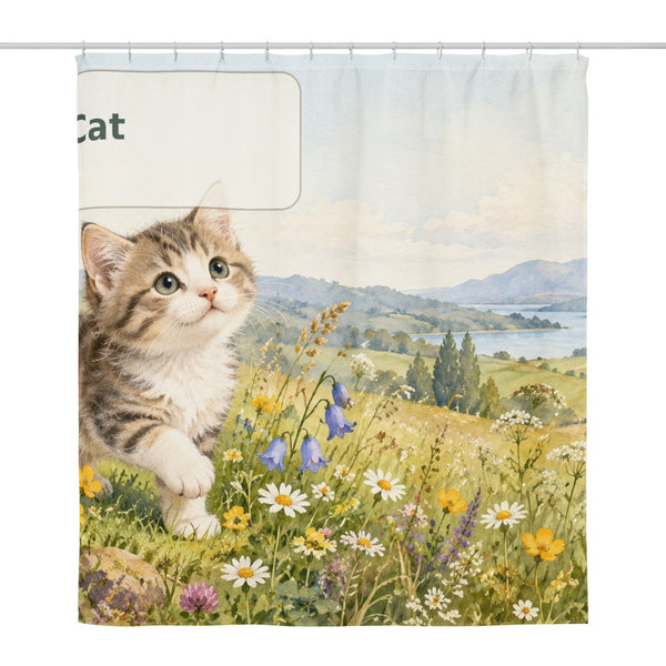 C is for Cat Alphabet shower curtain, full front view of the 71 x 74 in fabric curtain
