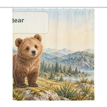 B is for Bear Alphabet shower curtain, full front view of the 71 x 74 in fabric curtain