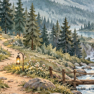 Mountain Camp Camping shower curtain, close up of the watercolor artwork