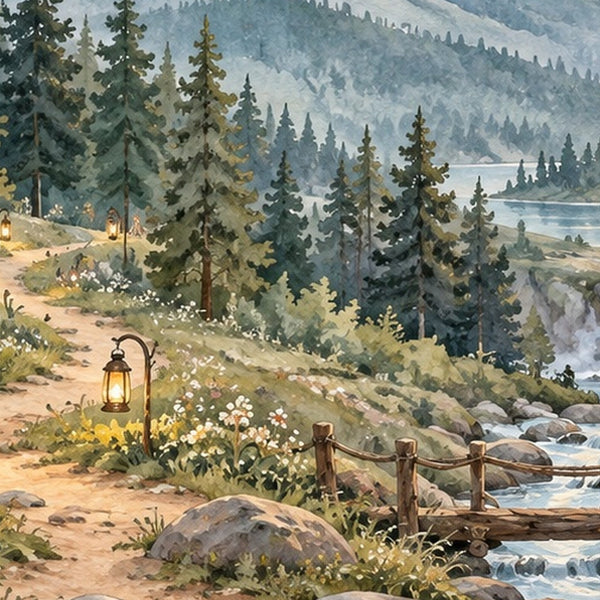 Mountain Camp Camping shower curtain, close up of the watercolor artwork