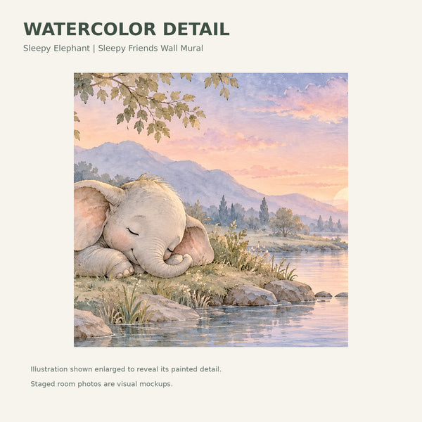 Watercolor Sleepy Elephant Wall Mural, image 4